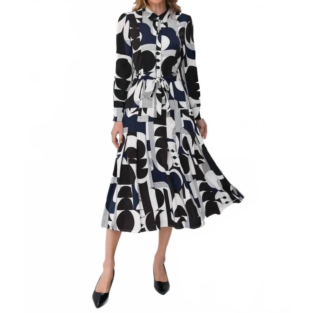 NEW MISS FINCH NYC abstract harmony shirt midi dress in navy white